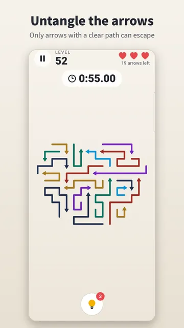 Game screen with a heart-shaped knot of arrows, hearts and timer