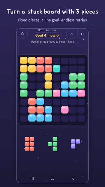 A 3-Move Turn puzzle: clear the target lines with three pieces