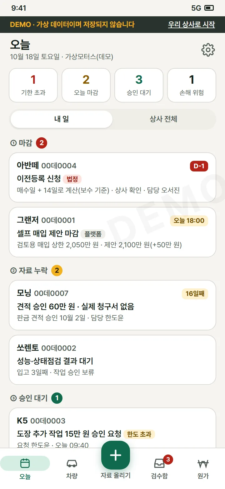차서랍 오늘 화면 예시: 마감 2건, 자료 누락 2건, 승인 대기 1건