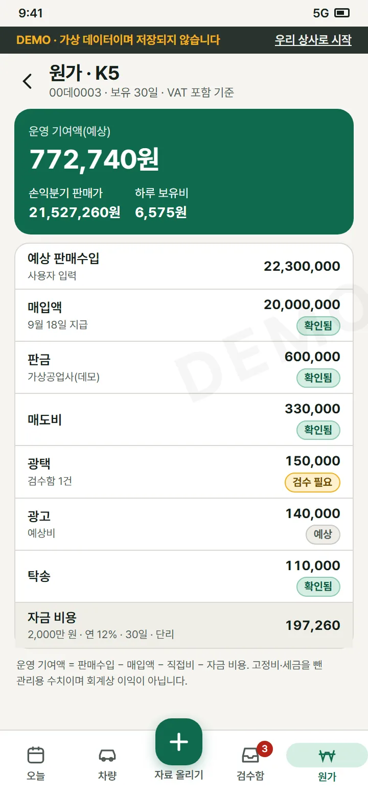 원가 화면: 운영 기여액, 손익분기 판매가, 확정·예상 비용