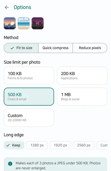 The Options screen with Fit to size selected, size limits from 100 KB to 1 MB plus Custom, and a Long edge row offering Keep, 1280, 1920 and 2560 px.