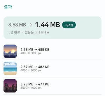 결과 화면 위쪽에 전체 용량이 8.58MB에서 1.44MB로 84% 줄었다고 나오고, 아래에 사진마다 2.63MB에서 485KB처럼 줄어든 용량과 4000 × 3000 px 같은 픽셀 크기가 보여요.