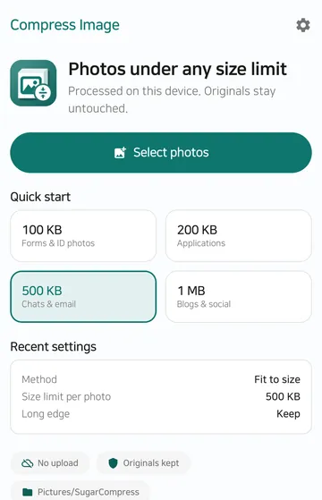 The home screen has a Select photos button and, under Quick start, tiles for 100 KB, 200 KB, 500 KB and 1 MB.