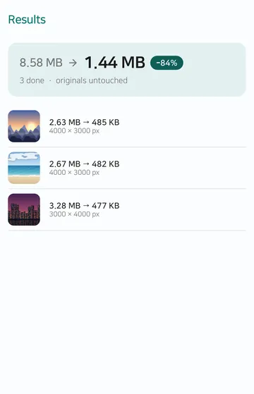 The results screen shows three photos reduced from 2.63 MB to 485 KB, 2.67 MB to 482 KB and 3.28 MB to 477 KB, 8.58 MB to 1.44 MB in total.