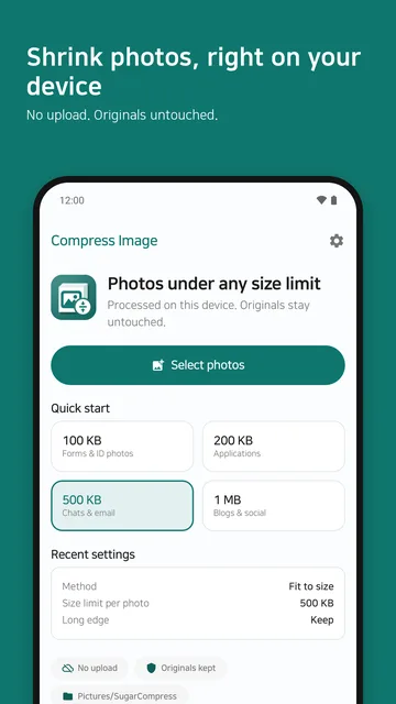 Home screen with size presets from 100 KB to 1 MB
