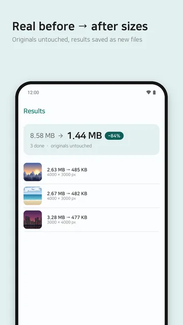 Result screen showing the real size of each compressed photo