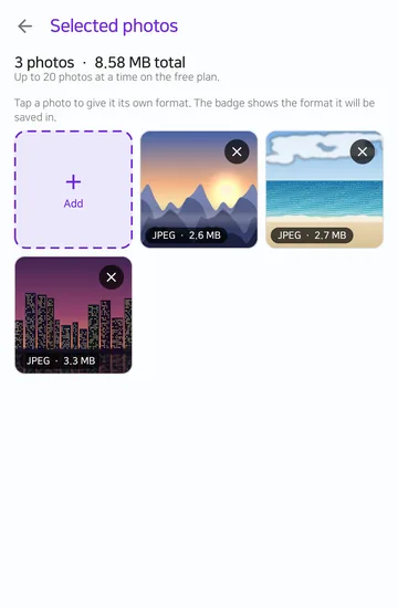 The Selected photos screen shows three photos, 8.58 MB in total, a note that the free plan handles up to 20 photos at a time, and a format badge on each photo.