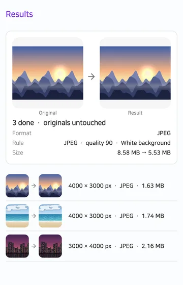 The Results screen shows the original and the result side by side with the format, rule and size change.