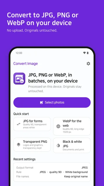 Home screen with purpose presets and saved profiles