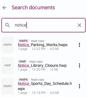 The document search screen with the word notice typed in, listing two HWPX files and one HWP file, each tagged with its format.