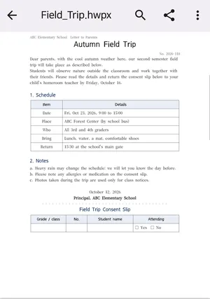SugarDoc showing a sample .hwpx letter to parents, with the file name at the top and the first page with a schedule table below.