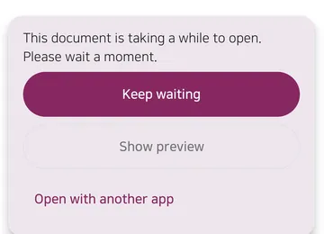 A message says the document is taking a while to open, with Keep waiting, Show preview and Open with another app buttons.