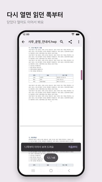 다시 연 46쪽 문서를 읽던 12쪽부터 이어 보여 주는 화면