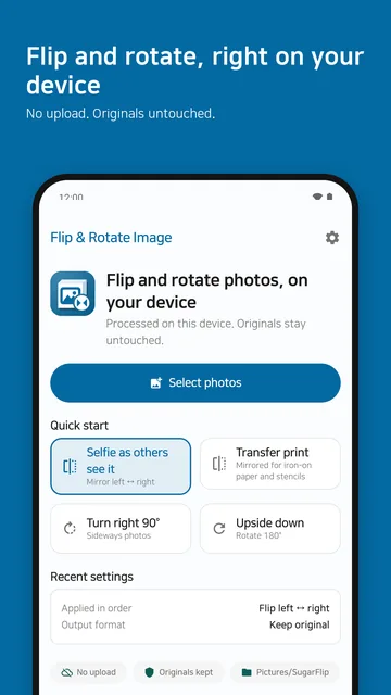 Home screen with a Select photos button and four quick-start presets such as Selfie as others see it and Transfer print