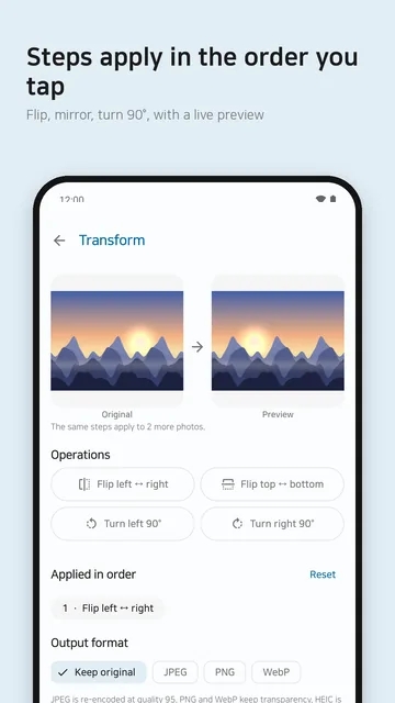 Edit screen showing the original and a preview side by side, with flip and 90° turn buttons, the steps in order and the output format