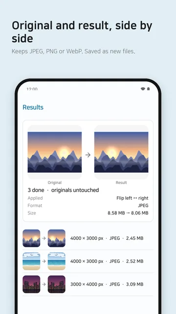 Results screen after mirroring three photos, showing original and result side by side with resolution and file size