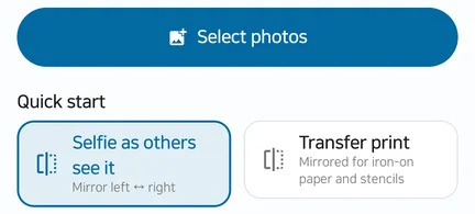 On the app's home screen, below the Select photos button, the Selfie as others see it preset labelled Mirror left to right is selected in the first Quick start row.