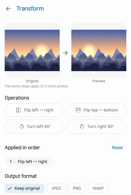The Transform screen shows the original and a mirrored preview side by side, with step 1 Flip left to right under Applied in order and Keep original selected as the output format.