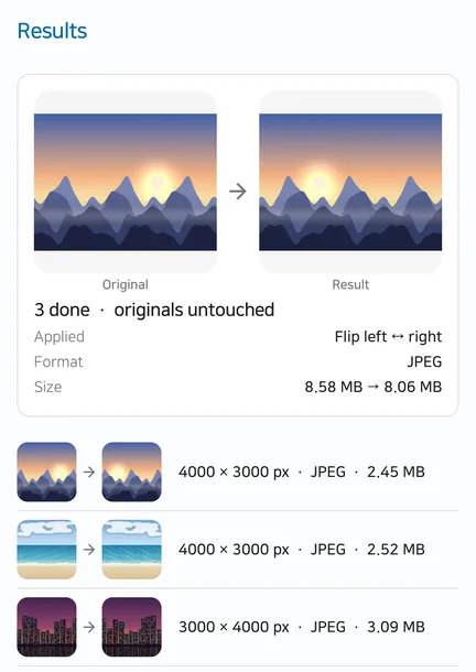 The Results screen reads 3 done, originals untouched, and lists the applied flip, the output format, the size change and each photo's resolution and size.