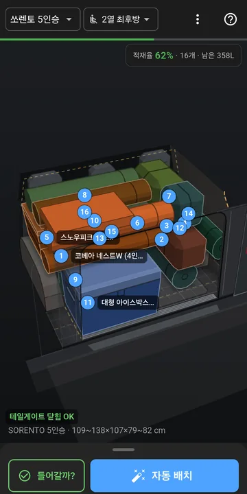 쏘렌토 5인승 트렁크에 4인 가족 캠핑 세트 16개를 3D로 자동 배치하고 적재 순서 번호를 붙인 화면. 적재율 62%, 테일게이트 닫힘 OK