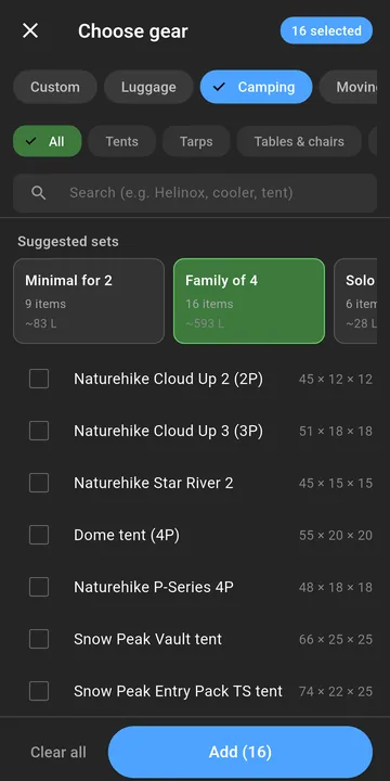 Choose gear screen: three suggested sets (Minimal for 2, Family of 4, Solo backpacking) and the camping gear list, 16 selected