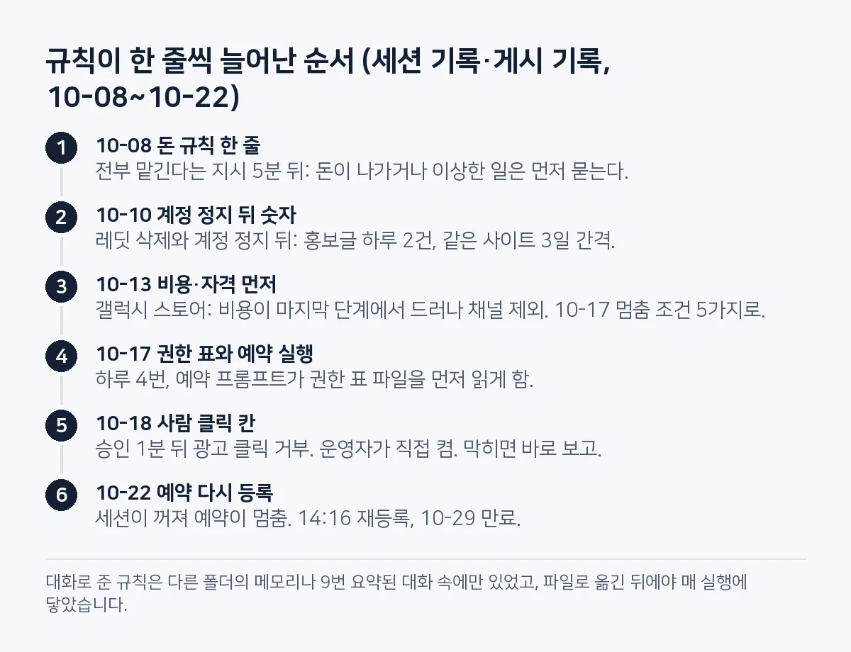 단계 그림: 10월 8일 돈 규칙 한 줄, 10월 10일 하루 2건·3일 간격, 10월 13일 비용·자격 먼저 확인, 10월 17일 권한 표와 예약 실행, 10월 18일 광고 클릭 차단 뒤 사람 클릭, 10월 22일 예약 재등록.
